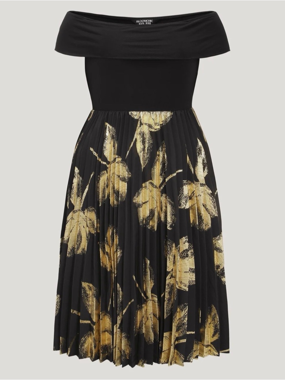 BloomChic Black and Gold Off-Shoulder Pleated Leaf Print Midi Dress
